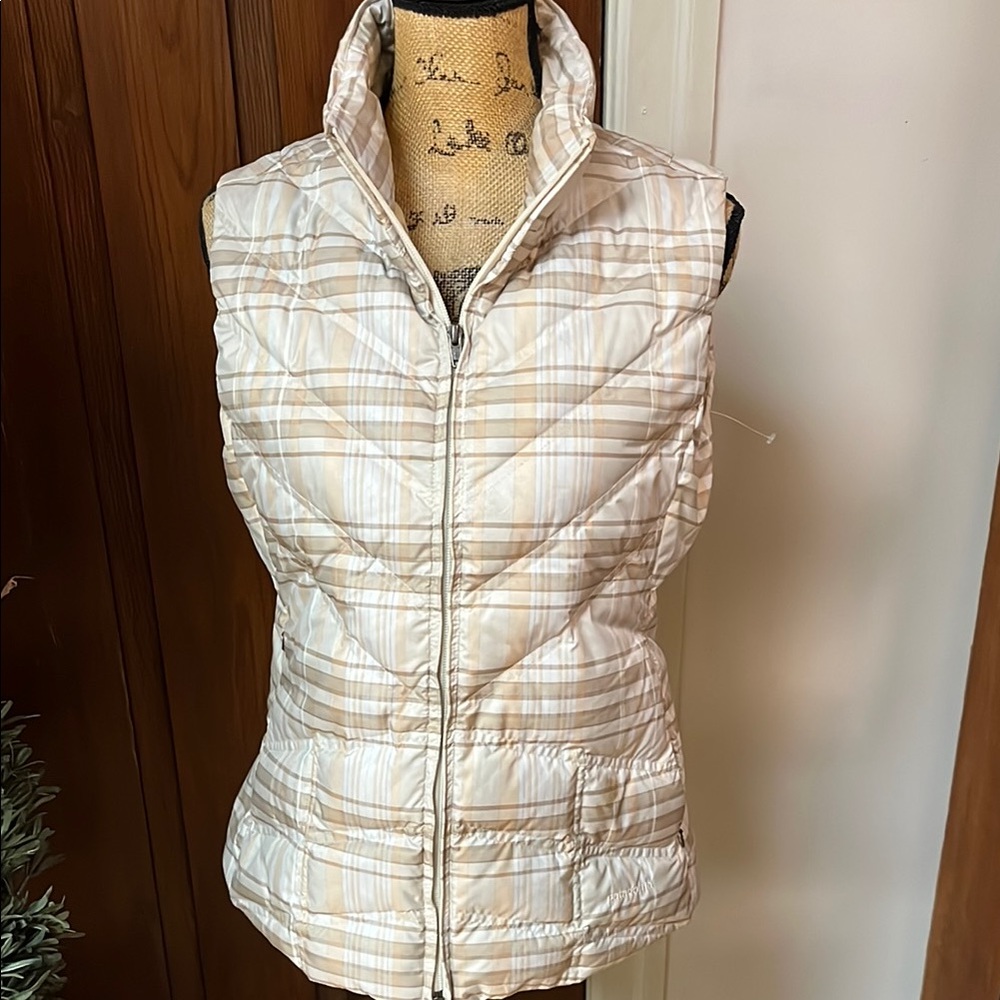 Patagonia Plaid Puffer Vest - Cream and Tan Medium